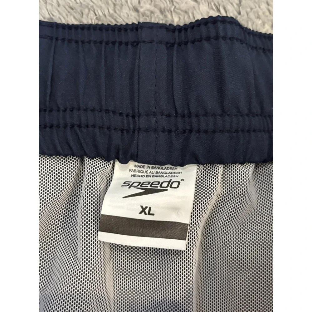 Speedo Swim Trunks Mens XL Navy Blue Mesh Lined Stripe Swimsuit Pockets